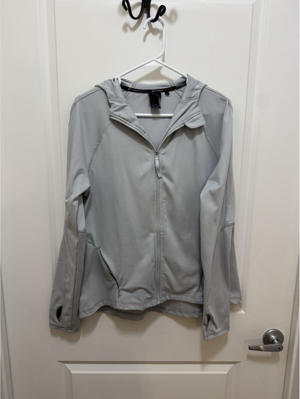 Spyder Active Women’s L Gray Full Zip Hooded Jacket Thumbholes Zipper Flaw